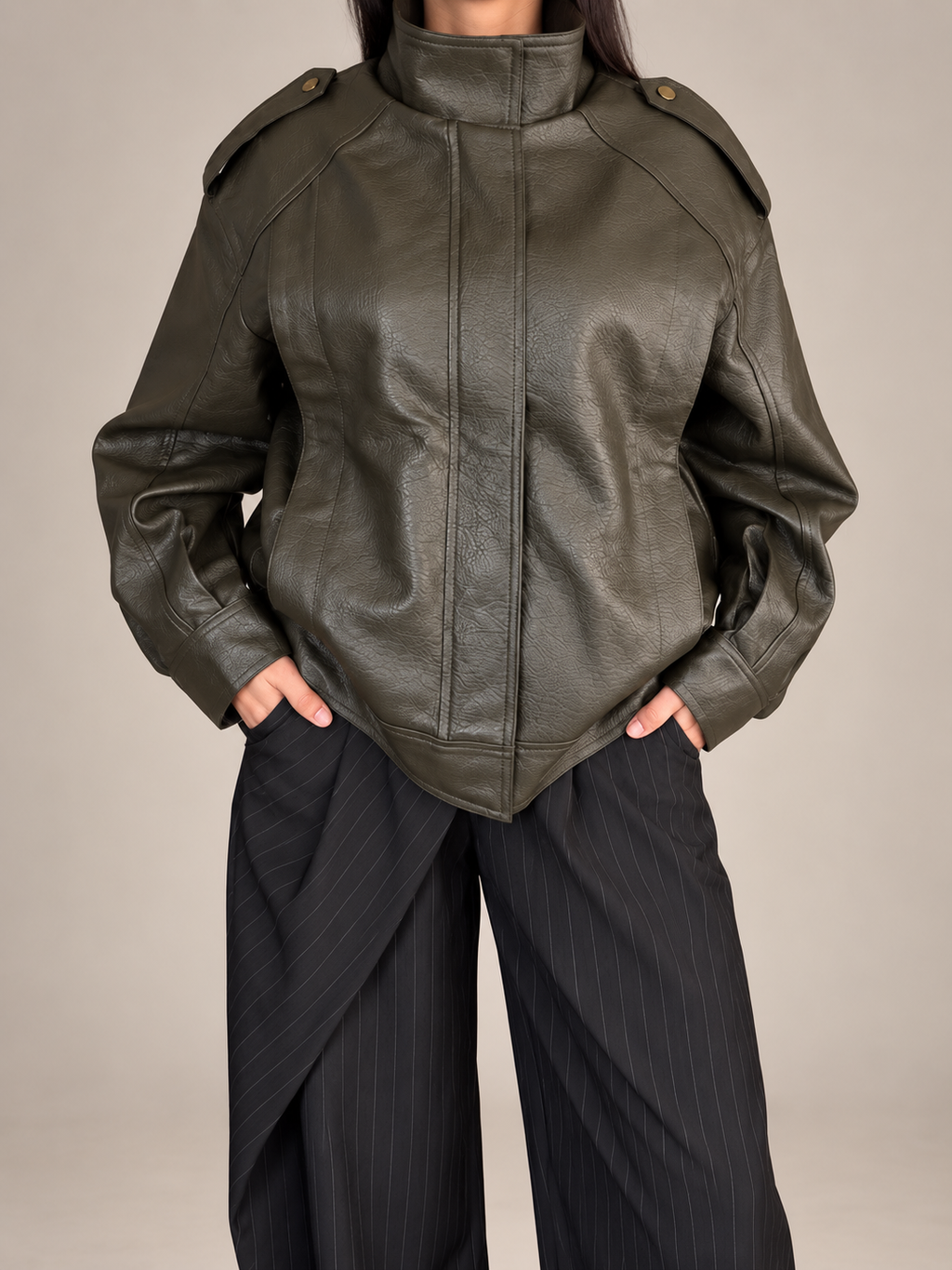 Olive Leather Oversized Jacket