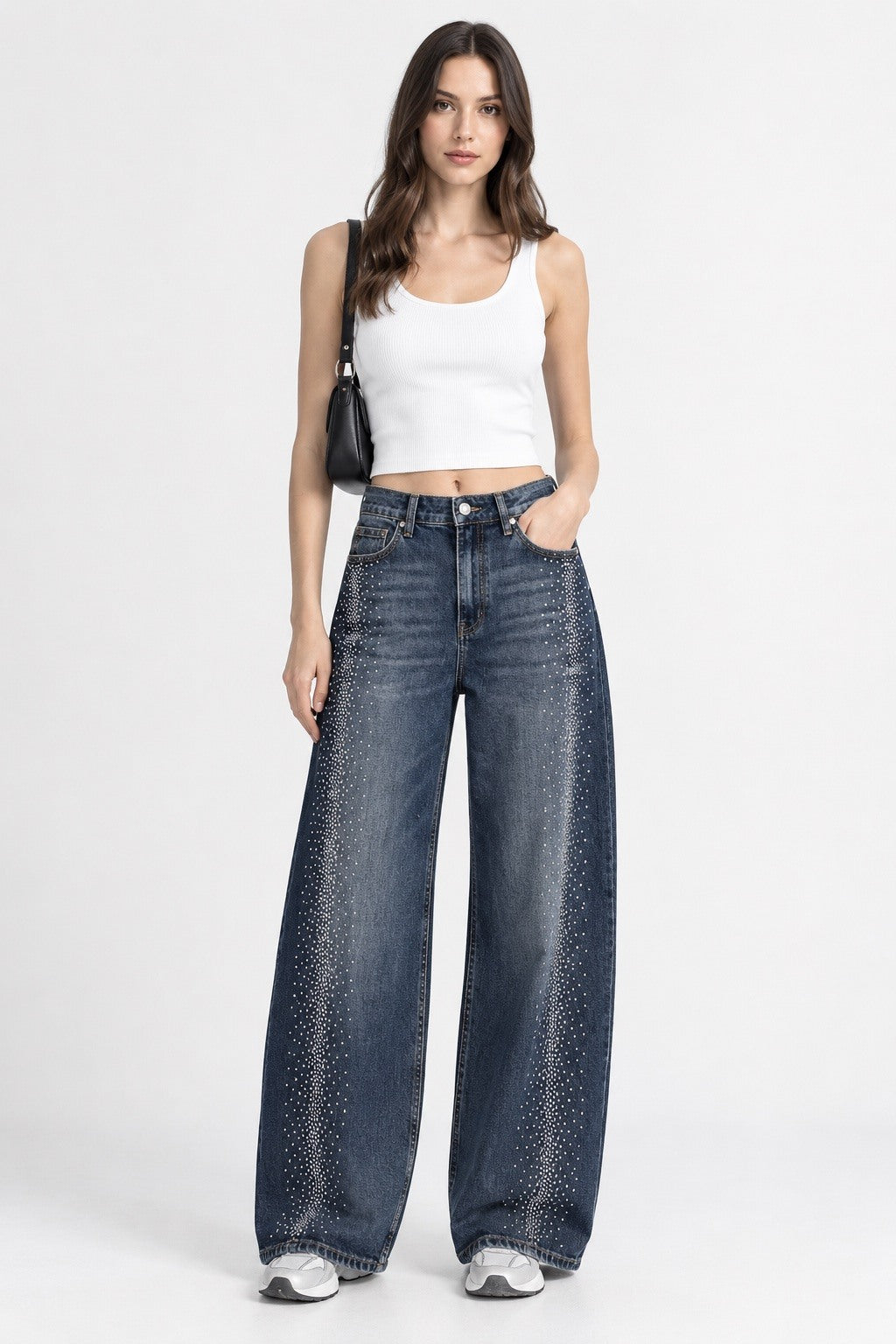 Women's dark blue straight-leg jeans with side rhinestones