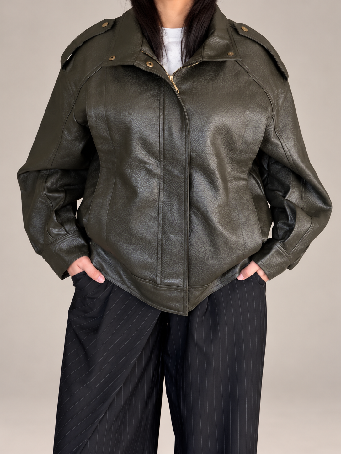 Olive Leather Oversized Jacket